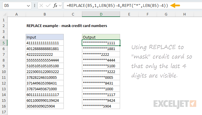REPLACE example - mask credit card numbers to how only last 4 digits
