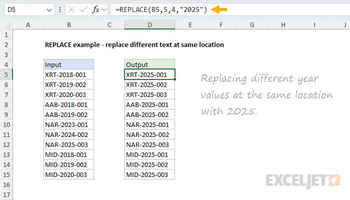 REPLACE example - replace different values at the same location