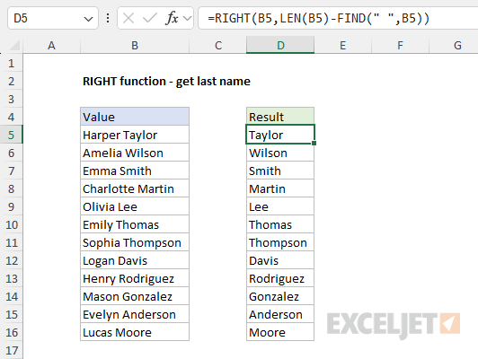 RIGHT function example - get last name from full name