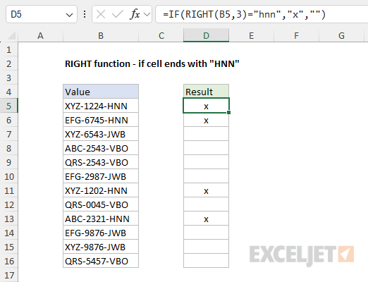 RIGHT function example - IF cell ends with
