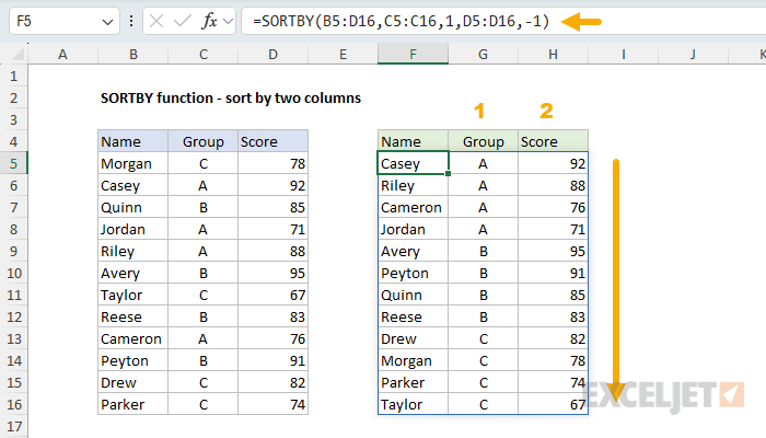 SORTBY function example - sort by two columns