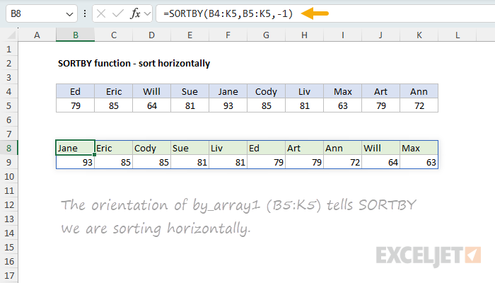 SORTBY function example - sort horizontally by column