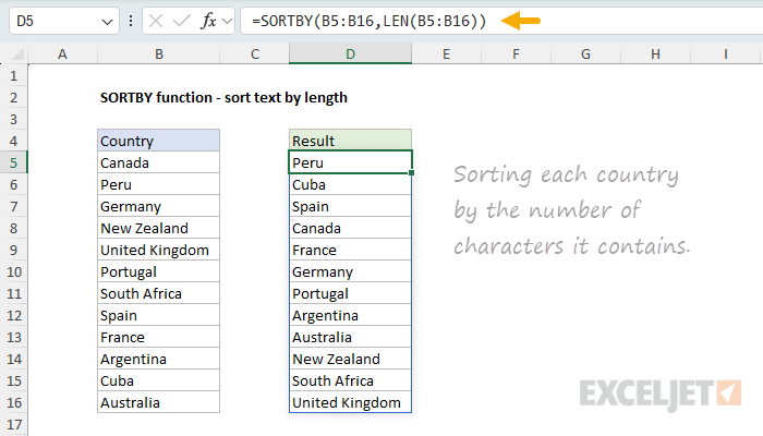 SORTBY function example - sort by text length