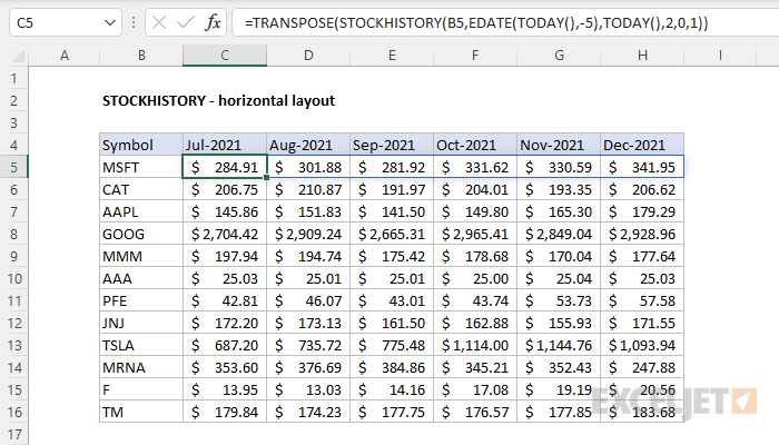 STOCKHISTORY function - horizontal layout example