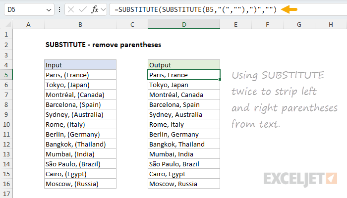 SUBSTITUTE example - remove parentheses from text