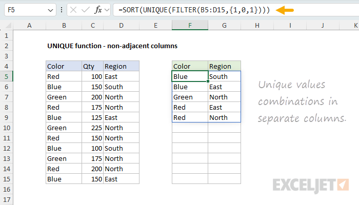 UNIQUE function example - non-adjacent columns