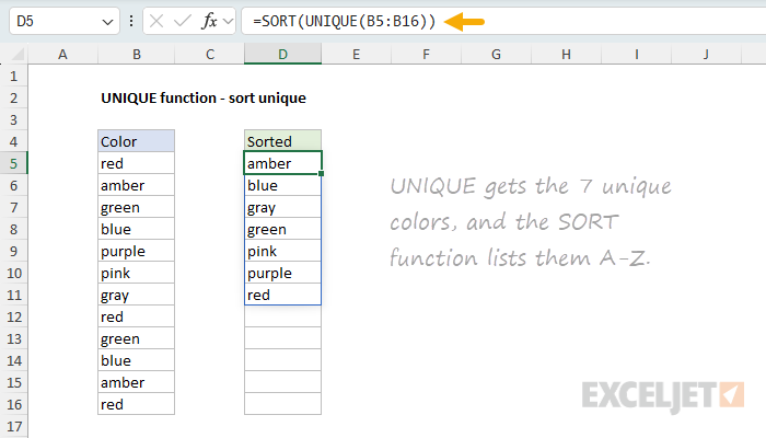 UNIQUE function example - sort unique values