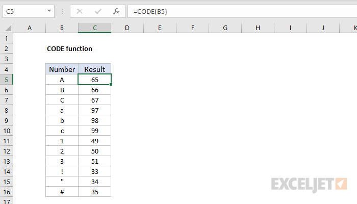 Excel CODE function
