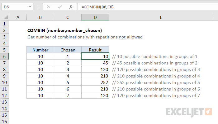 Excel COMBIN function