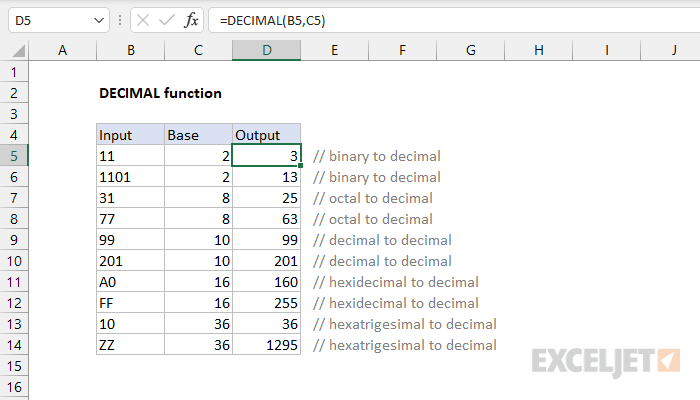 Excel DECIMAL function