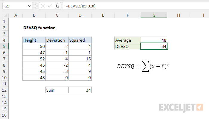 Excel DEVSQ function