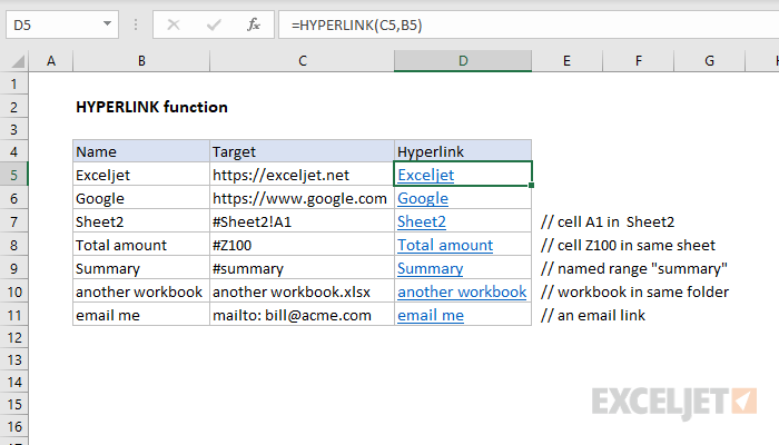 Excel HYPERLINK function