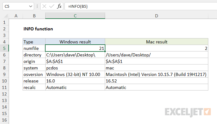 Excel INFO function