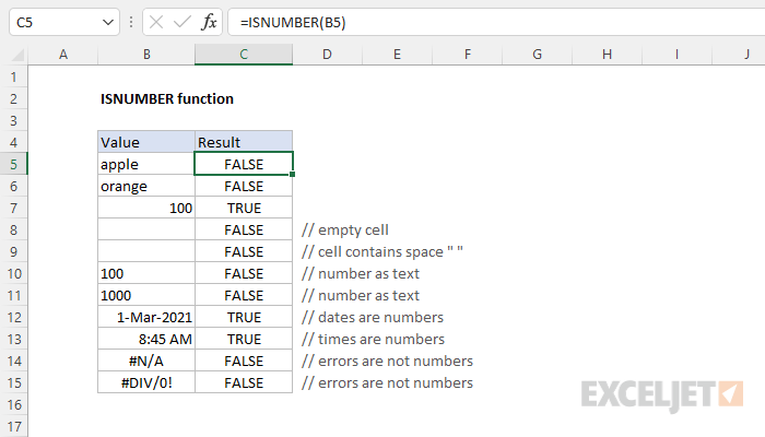 Excel ISNUMBER function