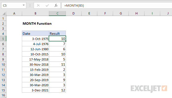 Excel MONTH function