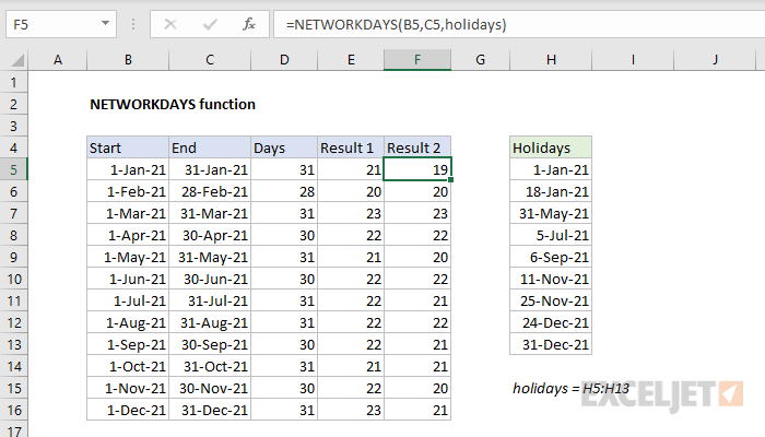 Excel NETWORKDAYS function