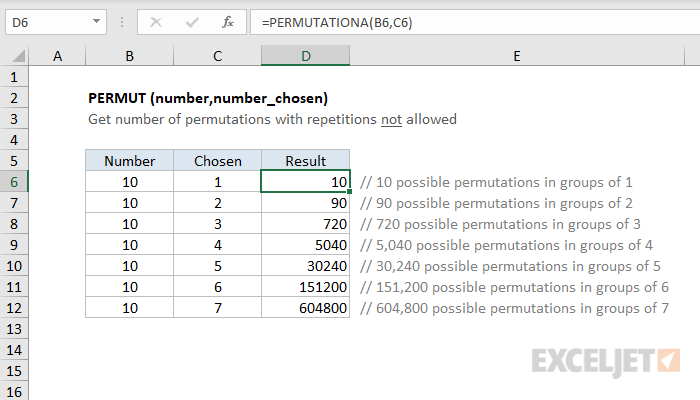 Excel PERMUT function