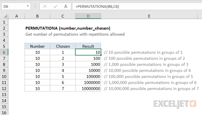 Excel PERMUTATIONA function