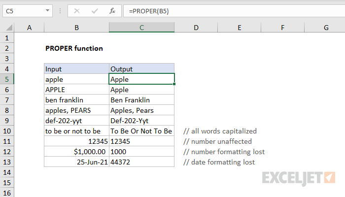 Excel PROPER function