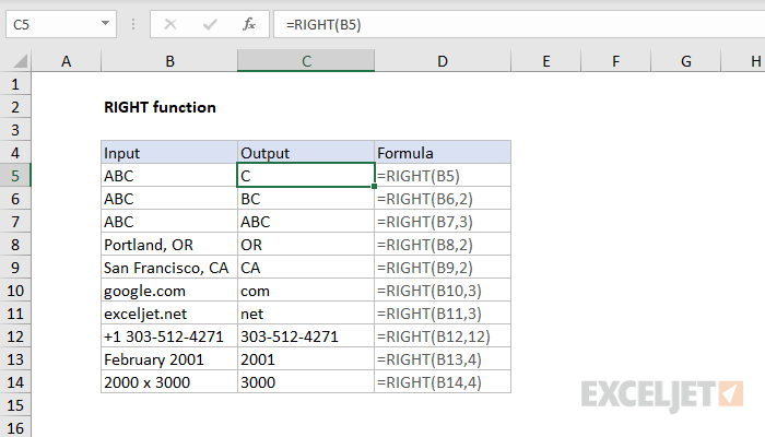 Excel RIGHT function