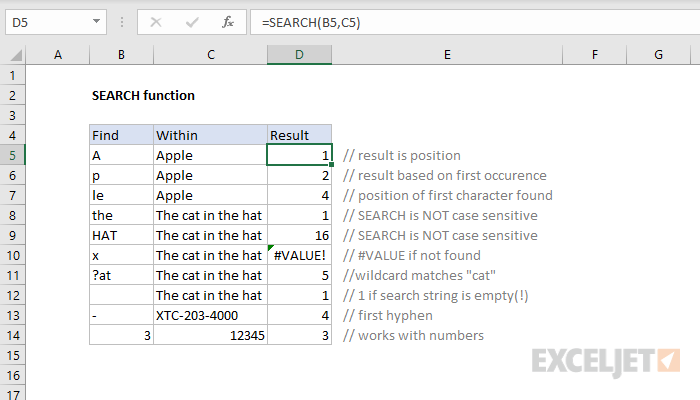 Excel SEARCH function
