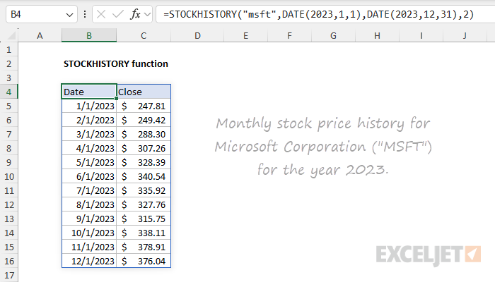 Excel STOCKHISTORY function