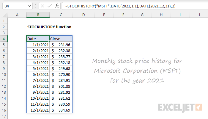 Excel STOCKHISTORY function