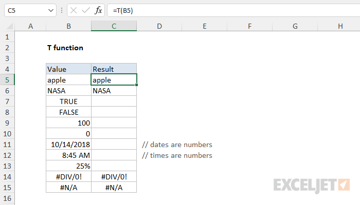 Excel T function