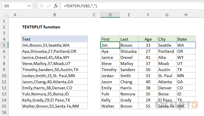 Excel TEXTSPLIT function