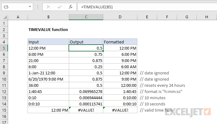 Excel TIMEVALUE function