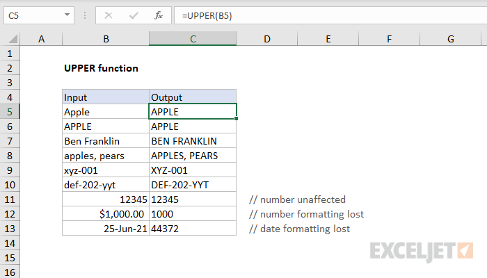 Excel UPPER function