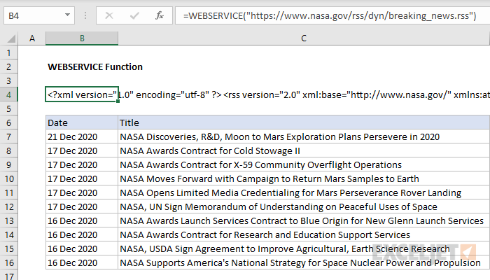 Excel WEBSERVICE function