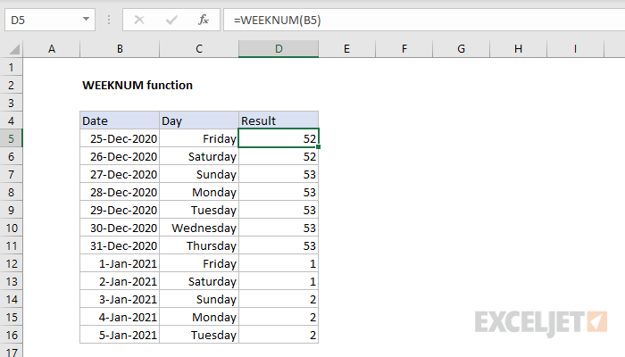 Excel WEEKNUM function