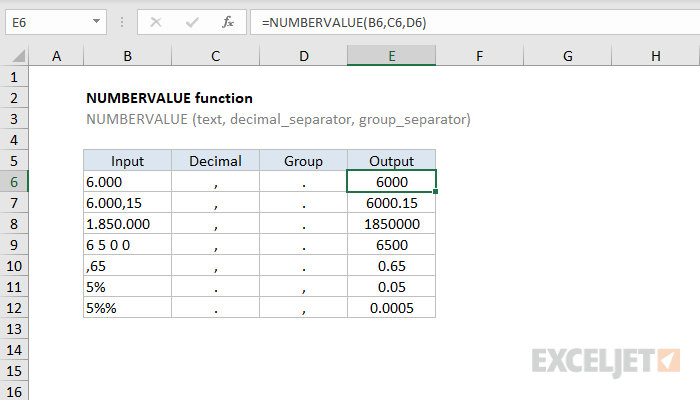 Excel NUMBERVALUE function