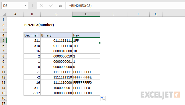 Excel BIN2HEX function