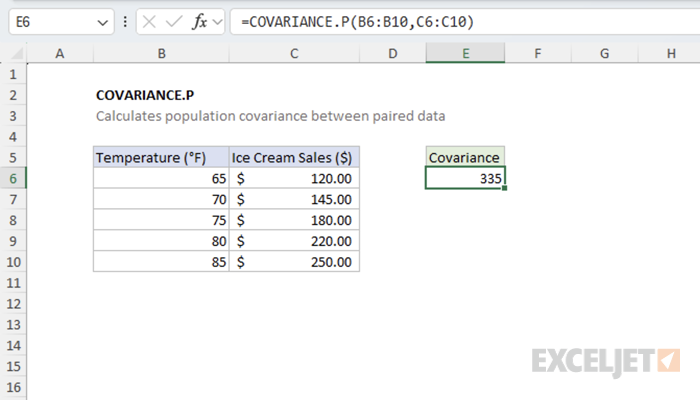 Excel COVARIANCE.P function