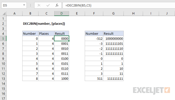 Excel DEC2BIN function