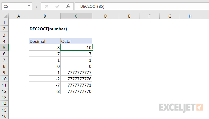 Excel DEC2OCT function