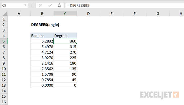 Excel DEGREES function
