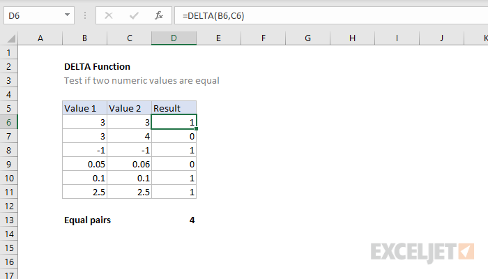 Excel DELTA function