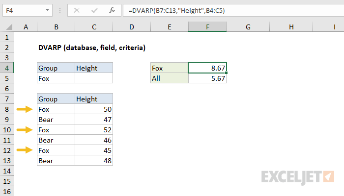 Excel DVARP function