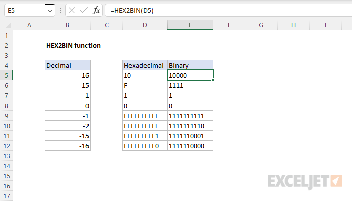 Excel HEX2BIN function