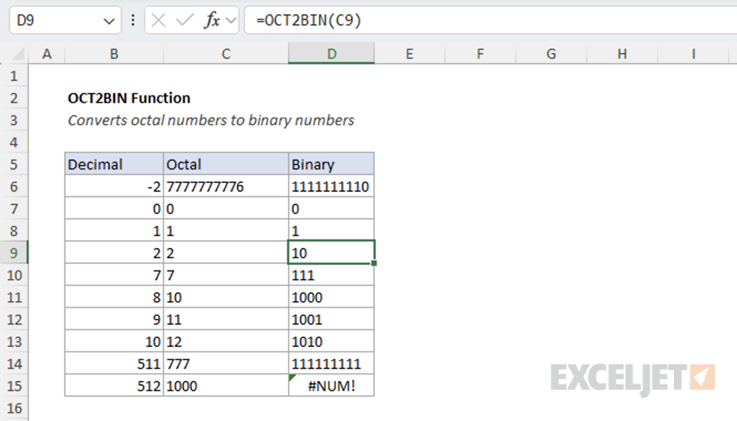 Excel OCT2BIN function