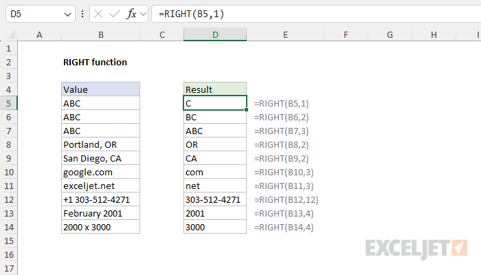 Excel RIGHT function