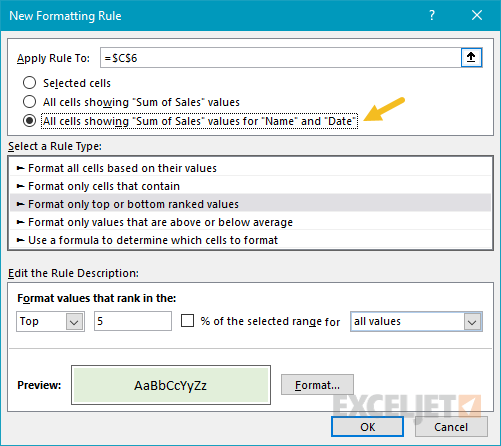 Pivot table conditional formatting create new rule