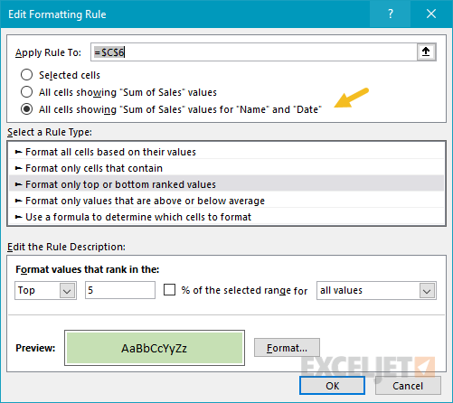 Pivot table conditional formatting top 5 values rule