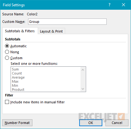 Grouping field renamed from "Color2" to "Group"