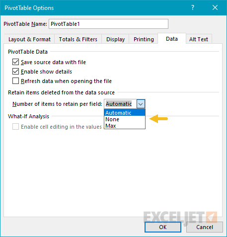 Pivot Table options data tab