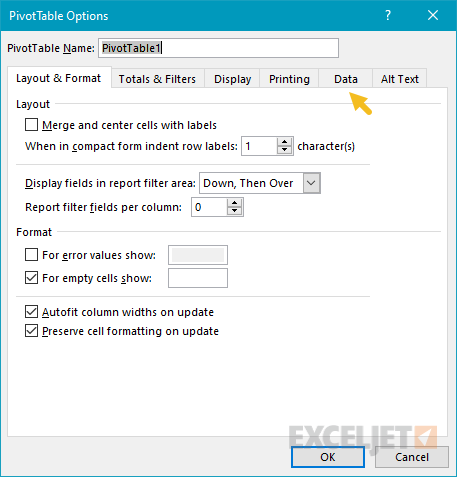 Pivot Table options dialog box