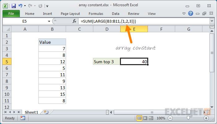 Example of an Excel array constant